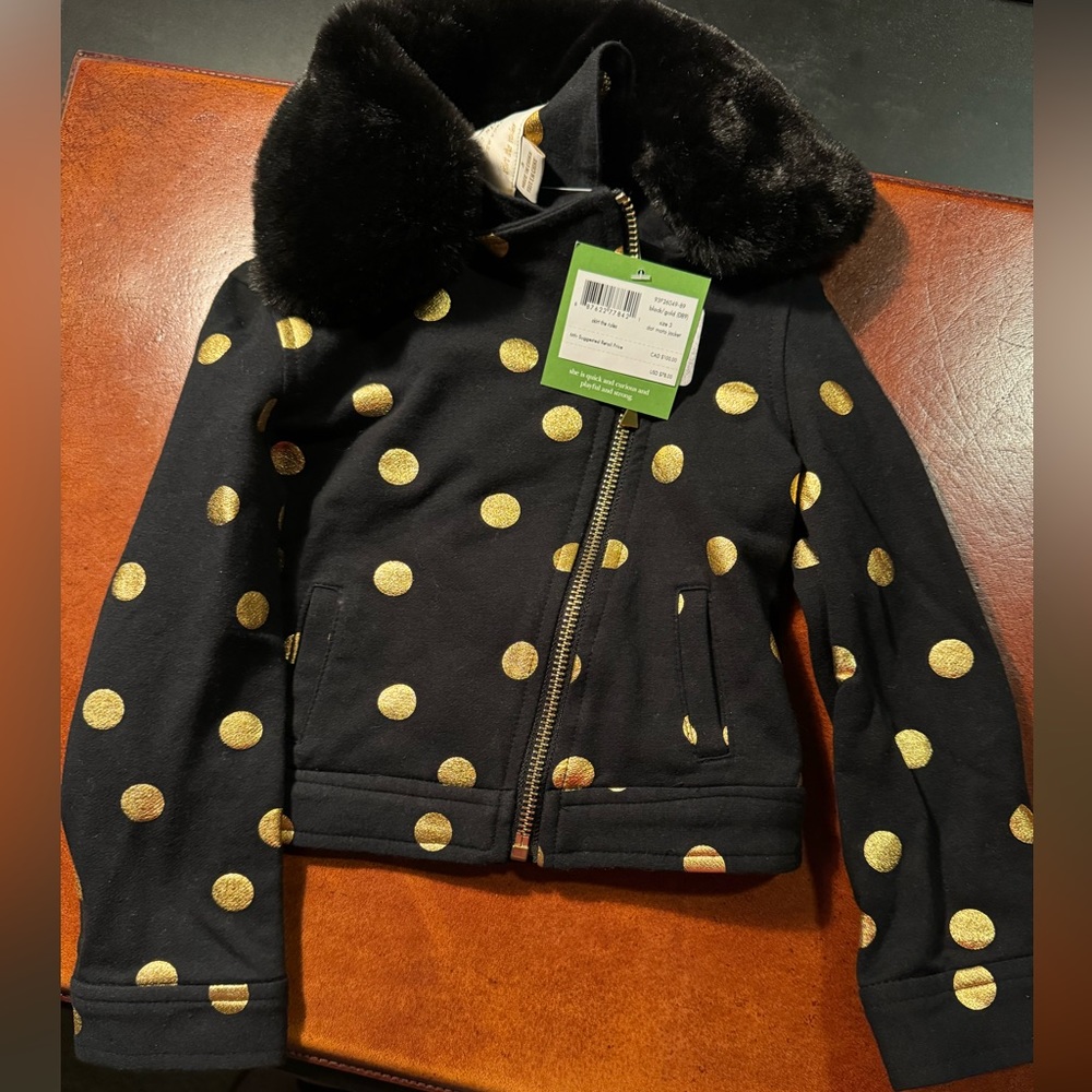 NWT Black and Gold dot faux fur collar Kate Spade Moto Jacket. Size 3